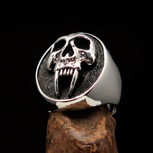 Excellent crafted oval Men's antiqued Vampire Skull Ring - Sterling Silver - BikeRing4u