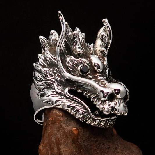 Excellent crafted Men's Animal Ring Male Dragon red eyes - Sterling Silver - BikeRing4u