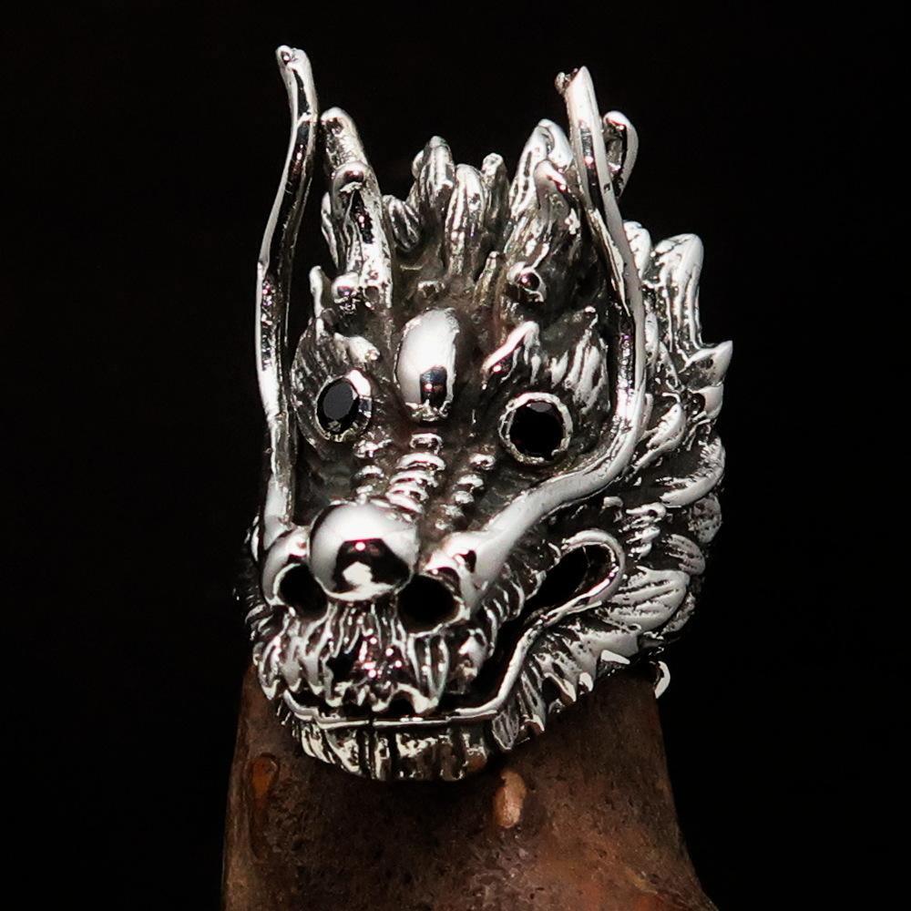 Excellent crafted Men's Animal Ring Male Dragon red eyes - Sterling Silver - BikeRing4u