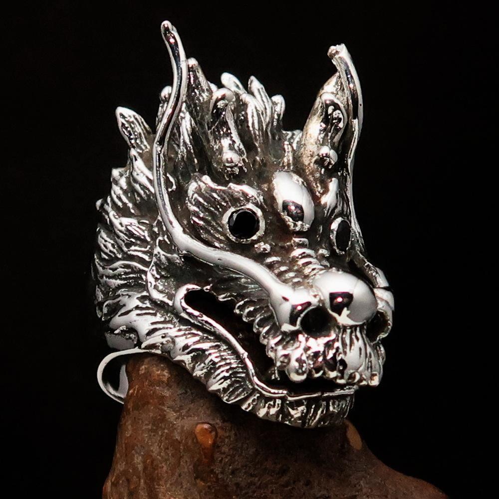Excellent crafted Men's Animal Ring Male Dragon red eyes - Sterling Silver - BikeRing4u