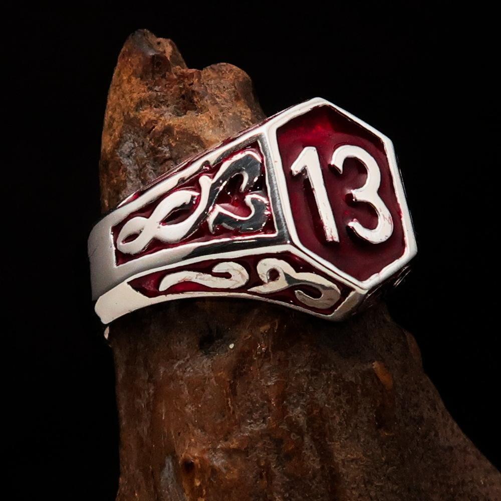 Excellent crafted Men's Biker Ring red Number 13 - Sterling Silver 925 - BikeRing4u