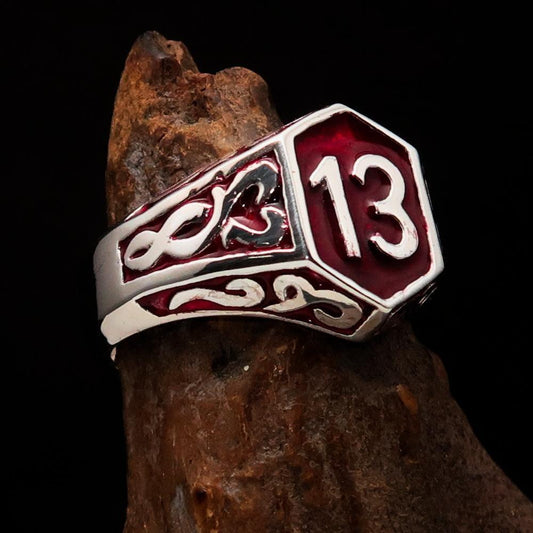 Excellent crafted Men's Biker Ring red Number 13 - Sterling Silver 925 - BikeRing4u