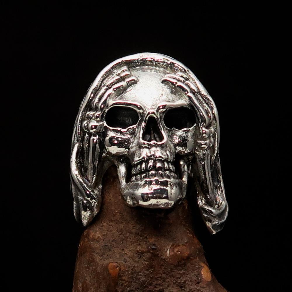 Excellent crafted Men's Grim Reaper Skull Ring Hear No Evil - Sterling Silver - BikeRing4u