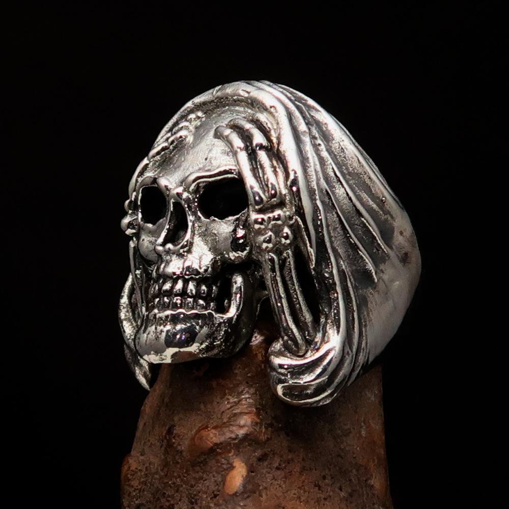 Excellent crafted Men's Grim Reaper Skull Ring Hear No Evil - Sterling Silver - BikeRing4u