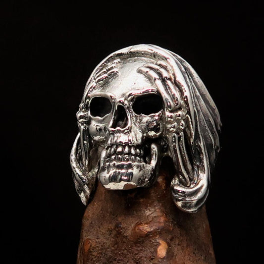 Excellent crafted Men's Grim Reaper Skull Ring Hear No Evil - Sterling Silver - BikeRing4u
