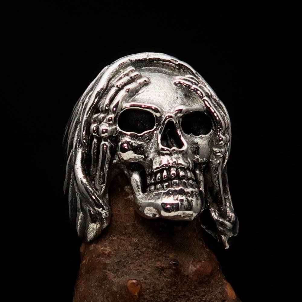 Excellent crafted Men's Grim Reaper Skull Ring Hear No Evil - Sterling Silver - BikeRing4u