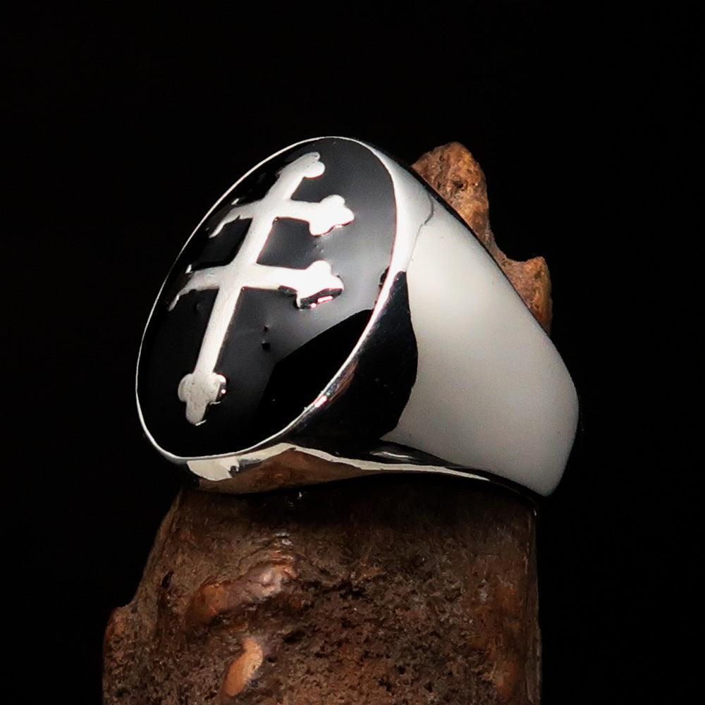 Excellent crafted oval domed Men's black Cross Lorraine Ring - Sterling Silver - BikeRing4u