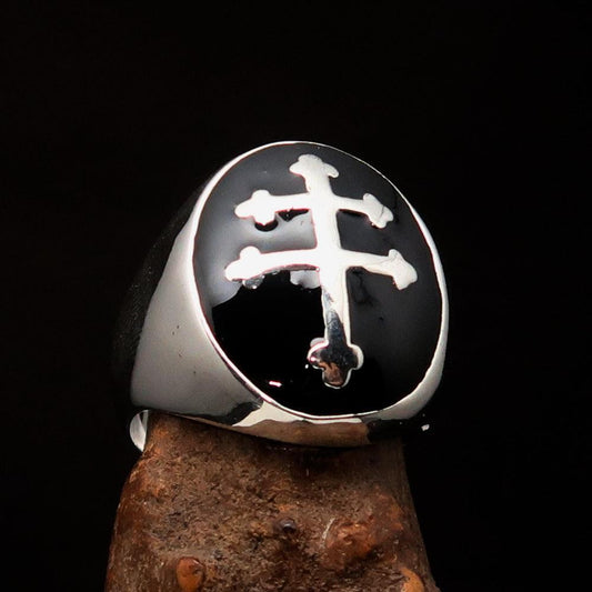 Excellent crafted oval domed Men's black Cross Lorraine Ring - Sterling Silver - BikeRing4u