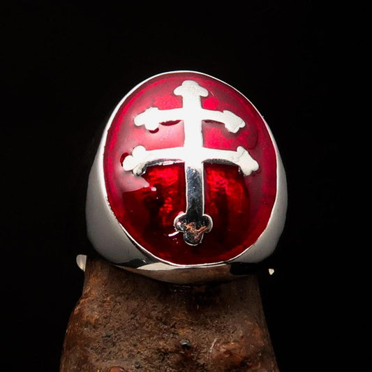 Excellent crafted oval domed Men's red Cross Lorraine Ring - Sterling Silver - BikeRing4u