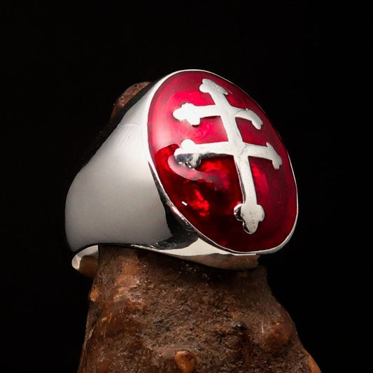Excellent crafted oval domed Men's red Cross Lorraine Ring - Sterling Silver - BikeRing4u