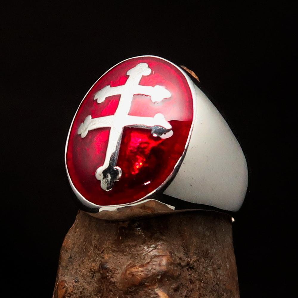 Excellent crafted oval domed Men's red Cross Lorraine Ring - Sterling Silver - BikeRing4u