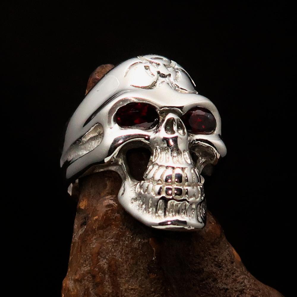 Excellent crafted Men's Gamer Ring Biohazard Skull red CZ Eyes - Sterling Silver - BikeRing4u