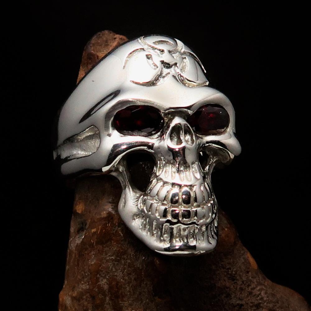 Excellent crafted Men's Gamer Ring Biohazard Skull red CZ Eyes - Sterling Silver - BikeRing4u