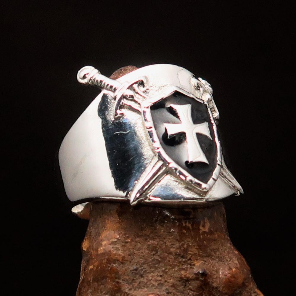 Crossed Swords Men's black Knights Templar Cross Ring - Sterling Silver - BikeRing4u