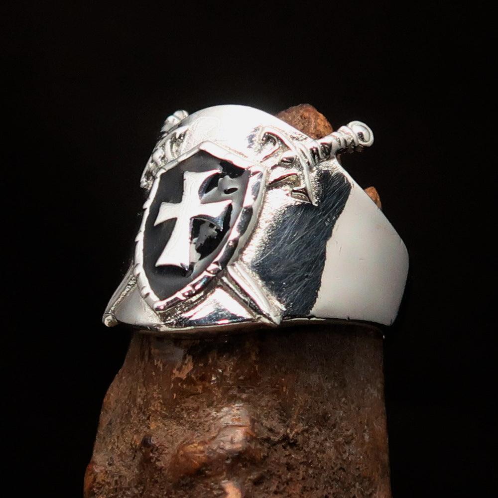 Crossed Swords Men's black Knights Templar Cross Ring - Sterling Silver - BikeRing4u