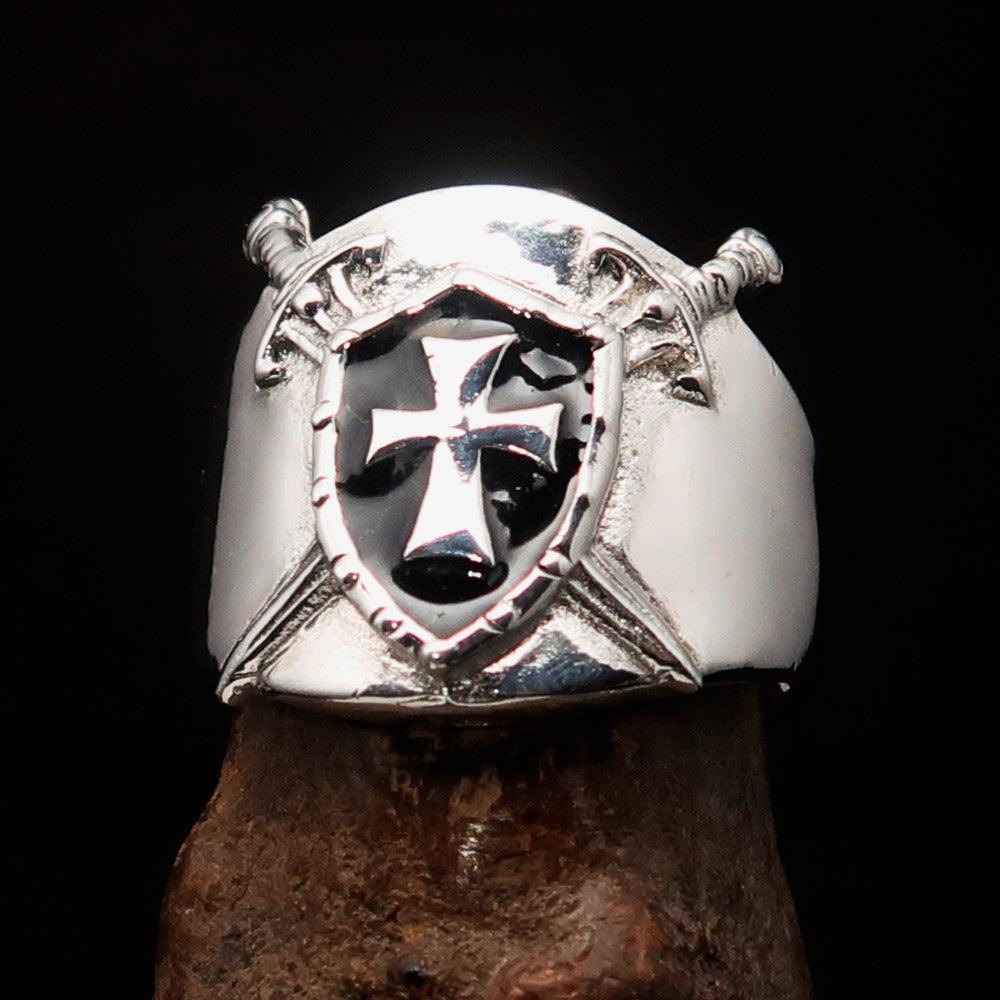 Crossed Swords Men's black Knights Templar Cross Ring - Sterling Silver - BikeRing4u