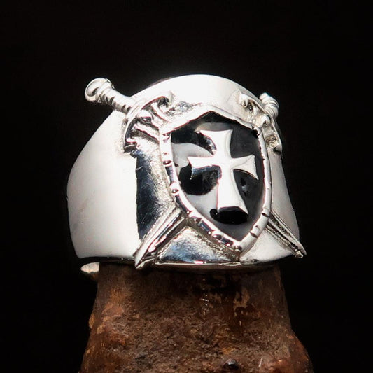 Crossed Swords Men's black Knights Templar Cross Ring - Sterling Silver - BikeRing4u