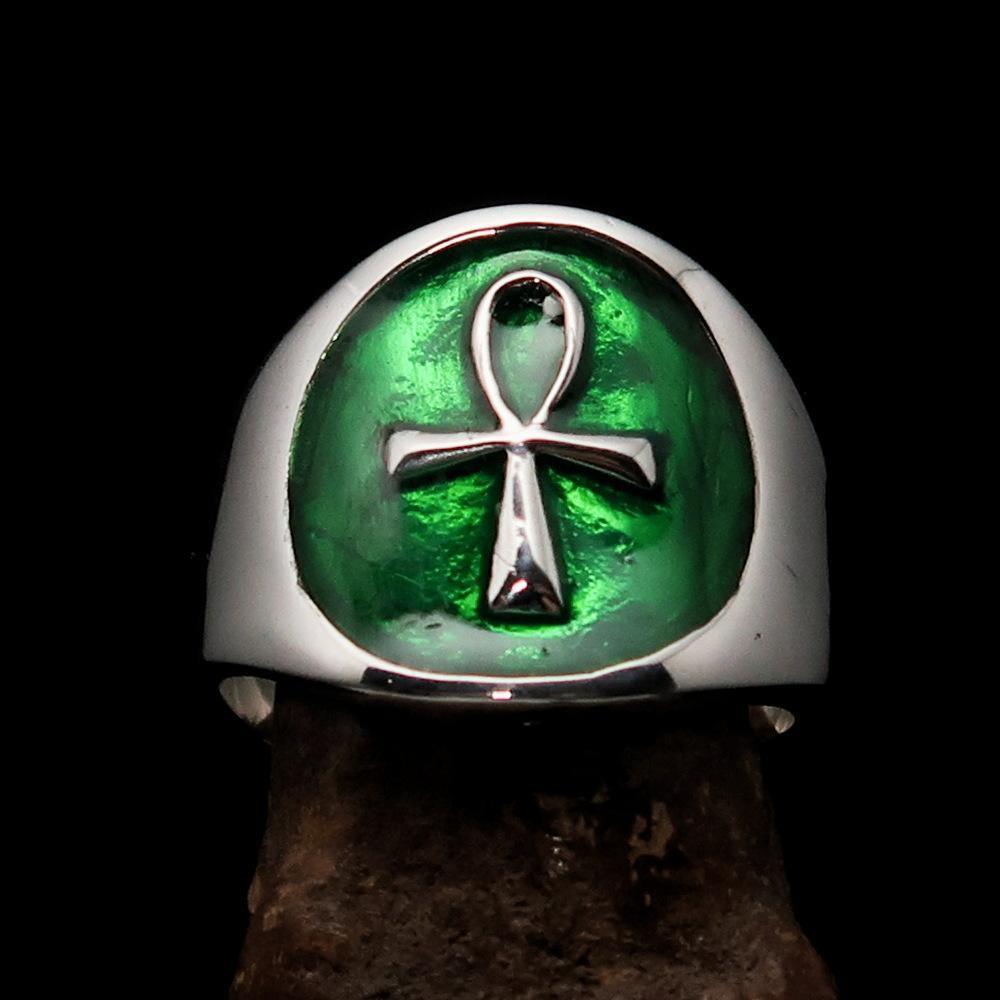Excellent crafted Men's small green Egyptian Ankh Cross Ring - Sterling Silver - BikeRing4u
