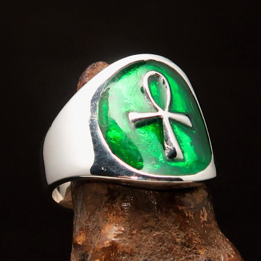 Excellent crafted Men's small green Egyptian Ankh Cross Ring - Sterling Silver - BikeRing4u
