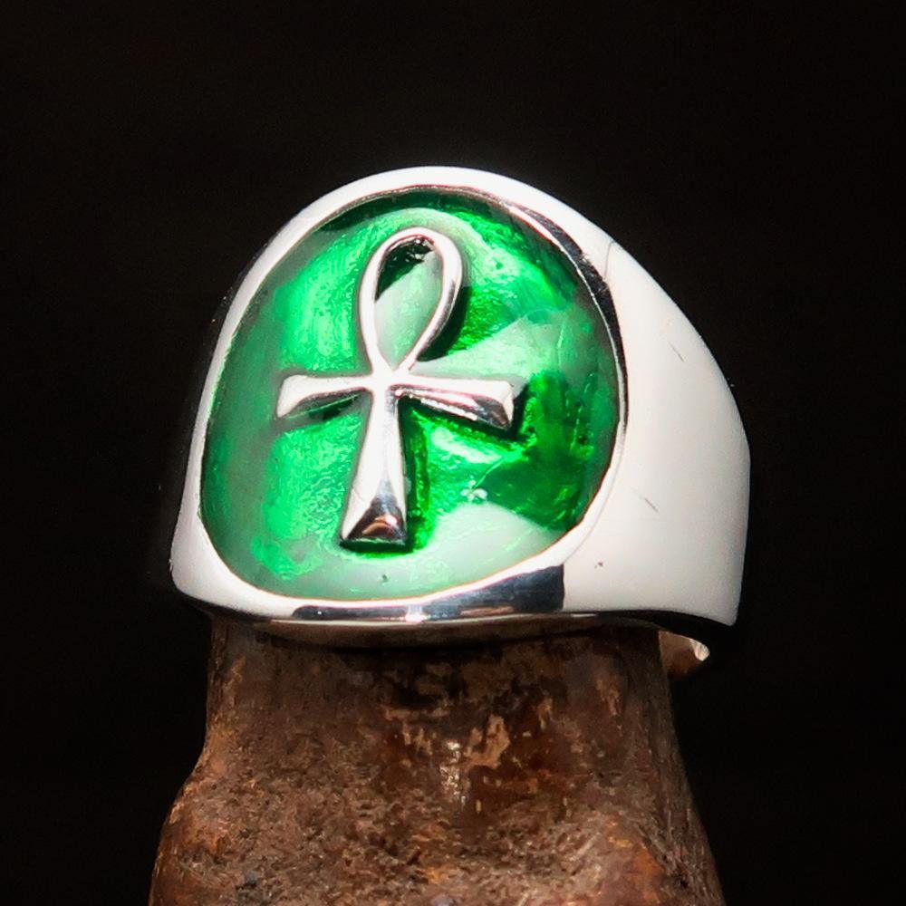 Excellent crafted Men's small green Egyptian Ankh Cross Ring - Sterling Silver - BikeRing4u