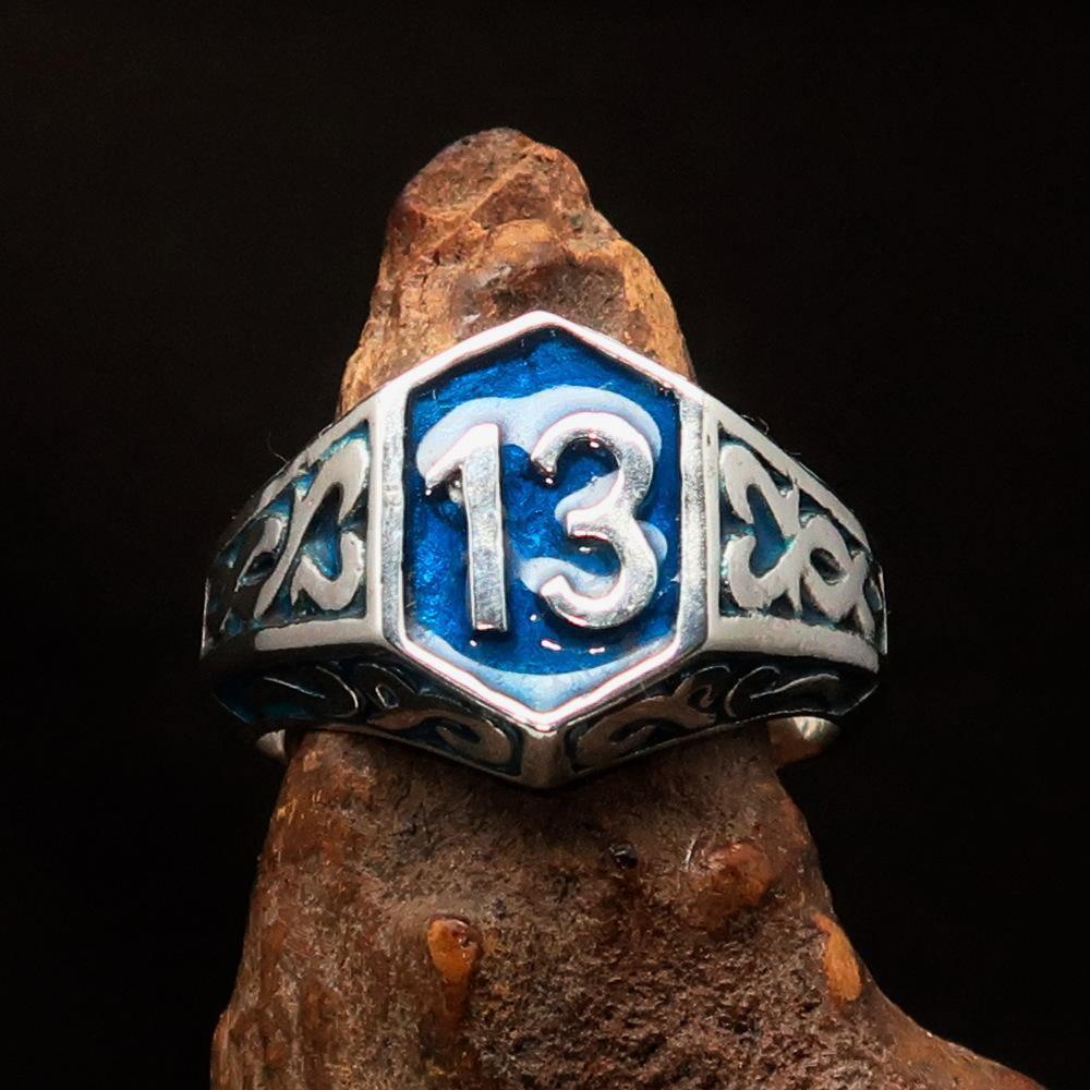 Excellent crafted Men's Biker Ring blue lucky Number 13 - Sterling Silver - BikeRing4u