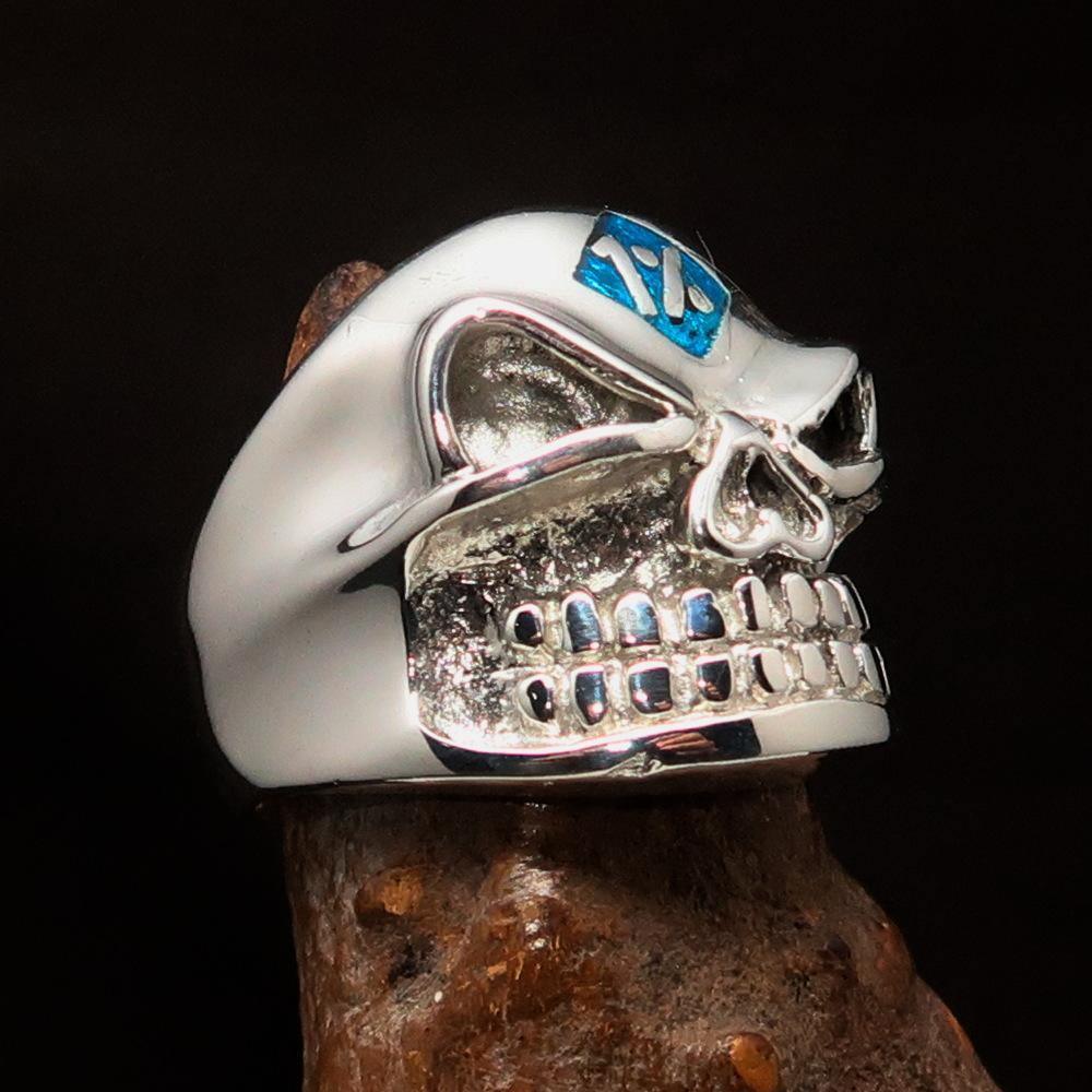 Excellent Crafted Men's Outlaw Blue 1% er Gnome Skull Ring - Sterling Silver - BikeRing4u
