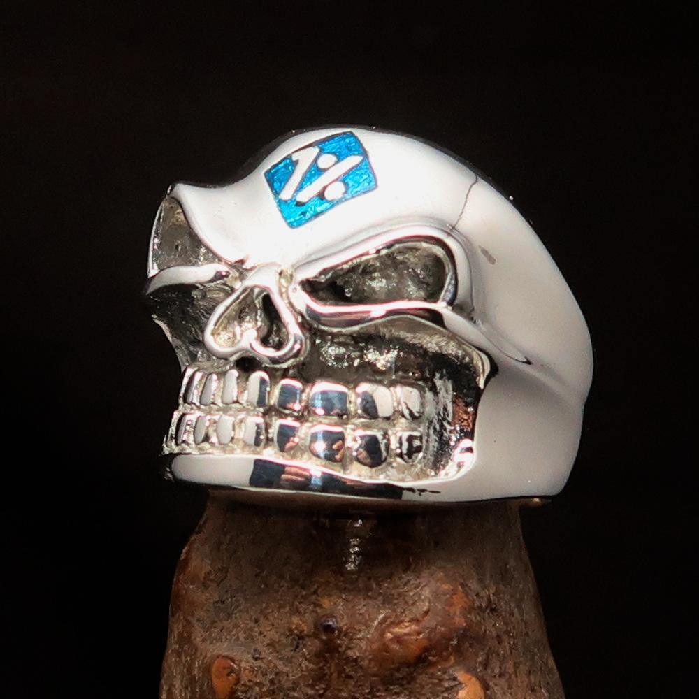Excellent Crafted Men's Outlaw Blue 1% er Gnome Skull Ring - Sterling Silver - BikeRing4u