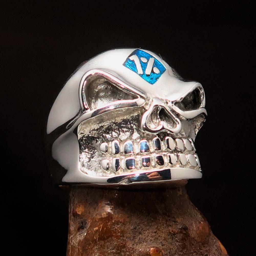 Excellent Crafted Men's Outlaw Blue 1% er Gnome Skull Ring - Sterling Silver - BikeRing4u