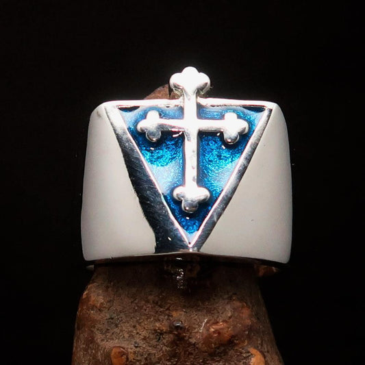 Excellent crafted Men's Blue Coptic Cross Ring - Sterling Silver - BikeRing4u