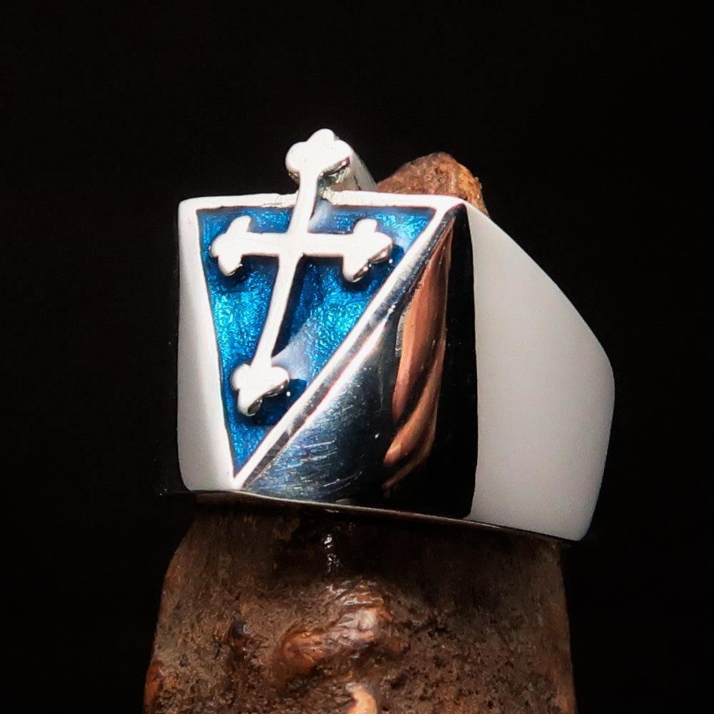 Excellent crafted Men's Blue Coptic Cross Ring - Sterling Silver - BikeRing4u