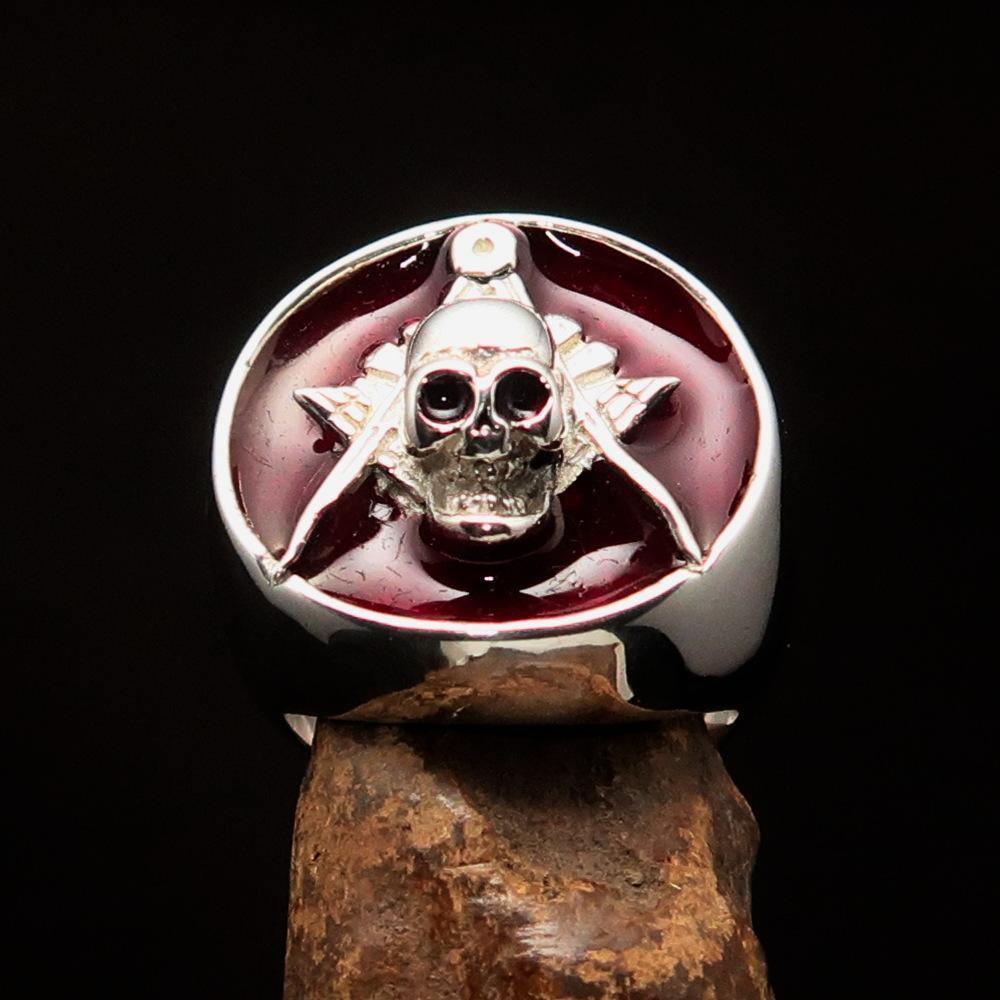 Perfectly crafted Men's Masonic Skull Ring Red - Sterling Silver - BikeRing4u