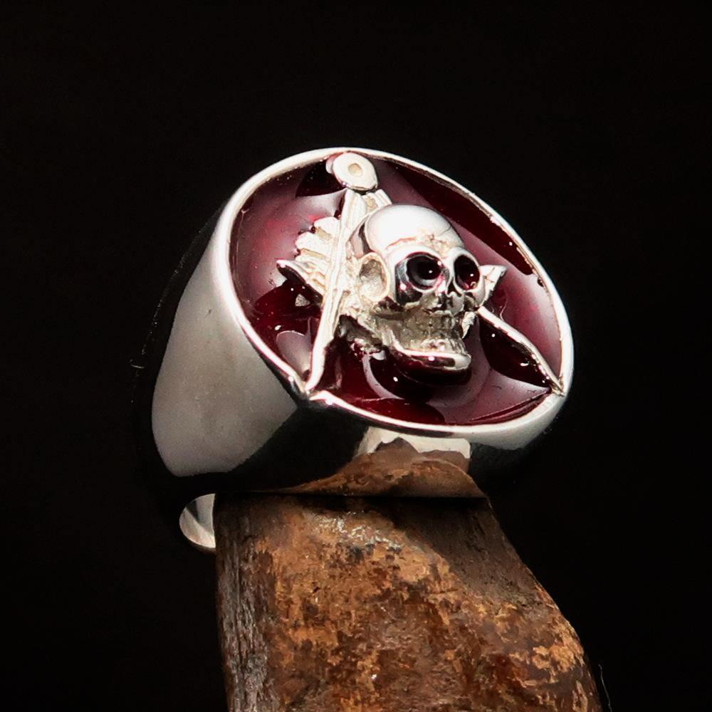 Perfectly crafted Men's Masonic Skull Ring Red - Sterling Silver - BikeRing4u