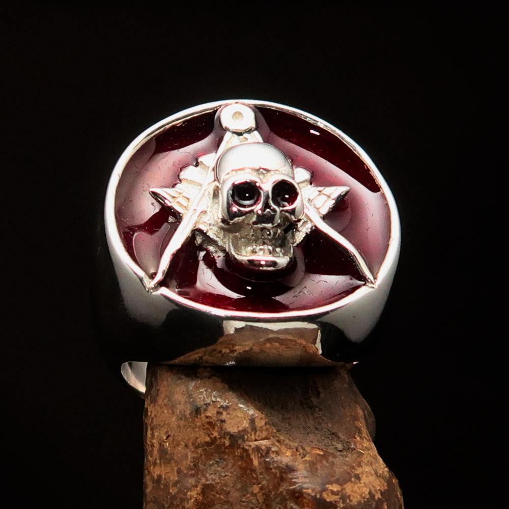 Perfectly crafted Men's Masonic Skull Ring Red - Sterling Silver - BikeRing4u