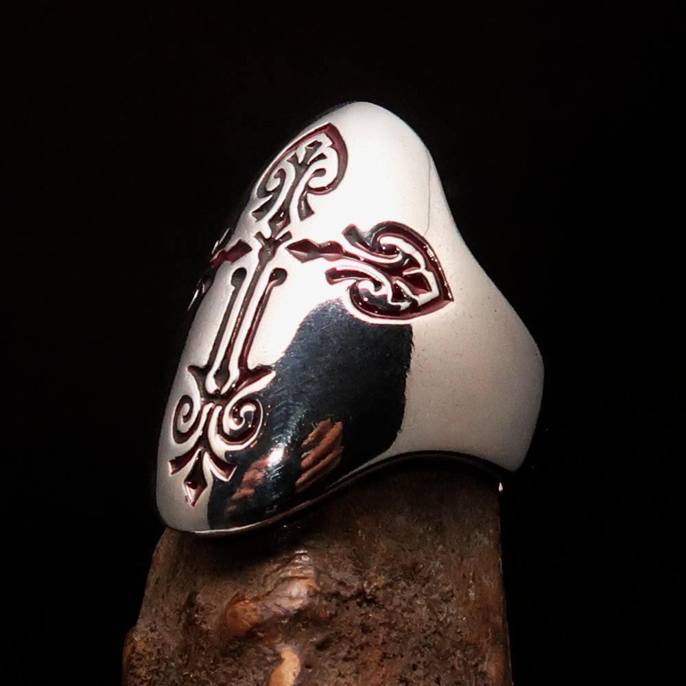 Perfectly crafted Men's Coptic Cross Ring red - Sterling Silver - BikeRing4u