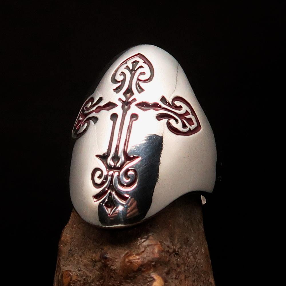 Perfectly crafted Men's Coptic Cross Ring red - Sterling Silver - BikeRing4u