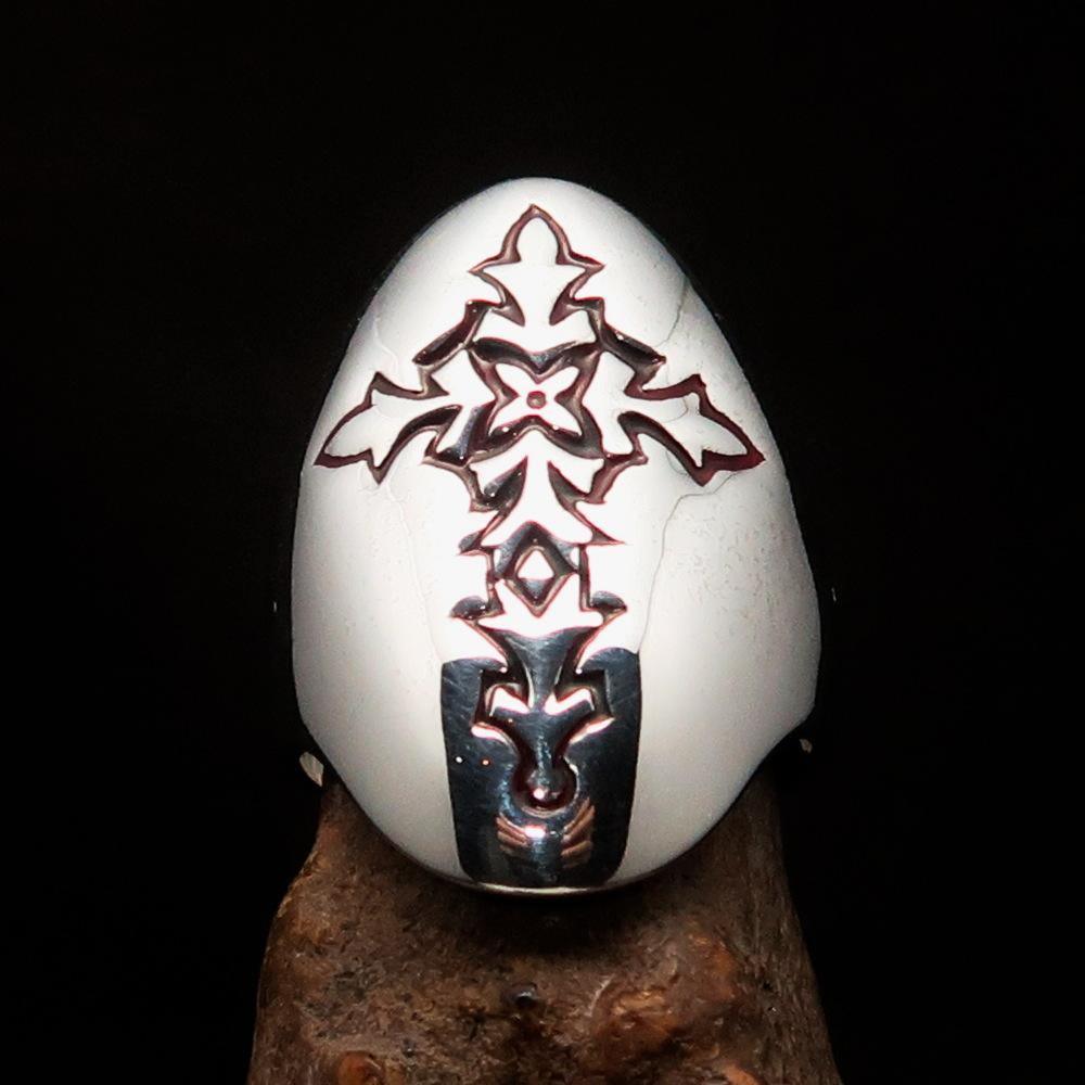 Perfectly crafted Men's Gothic Cross Ring Red - Sterling Silver - BikeRing4u