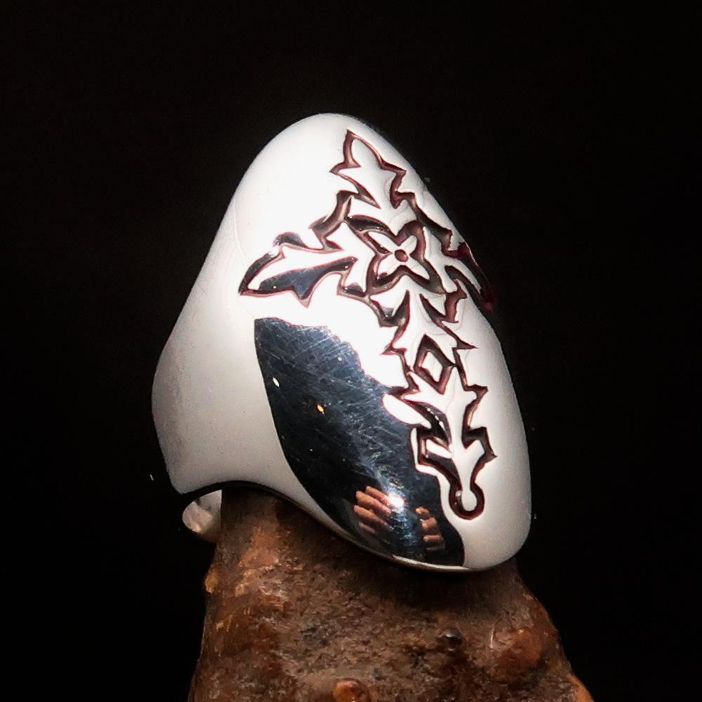 Perfectly crafted Men's Gothic Cross Ring Red - Sterling Silver - BikeRing4u