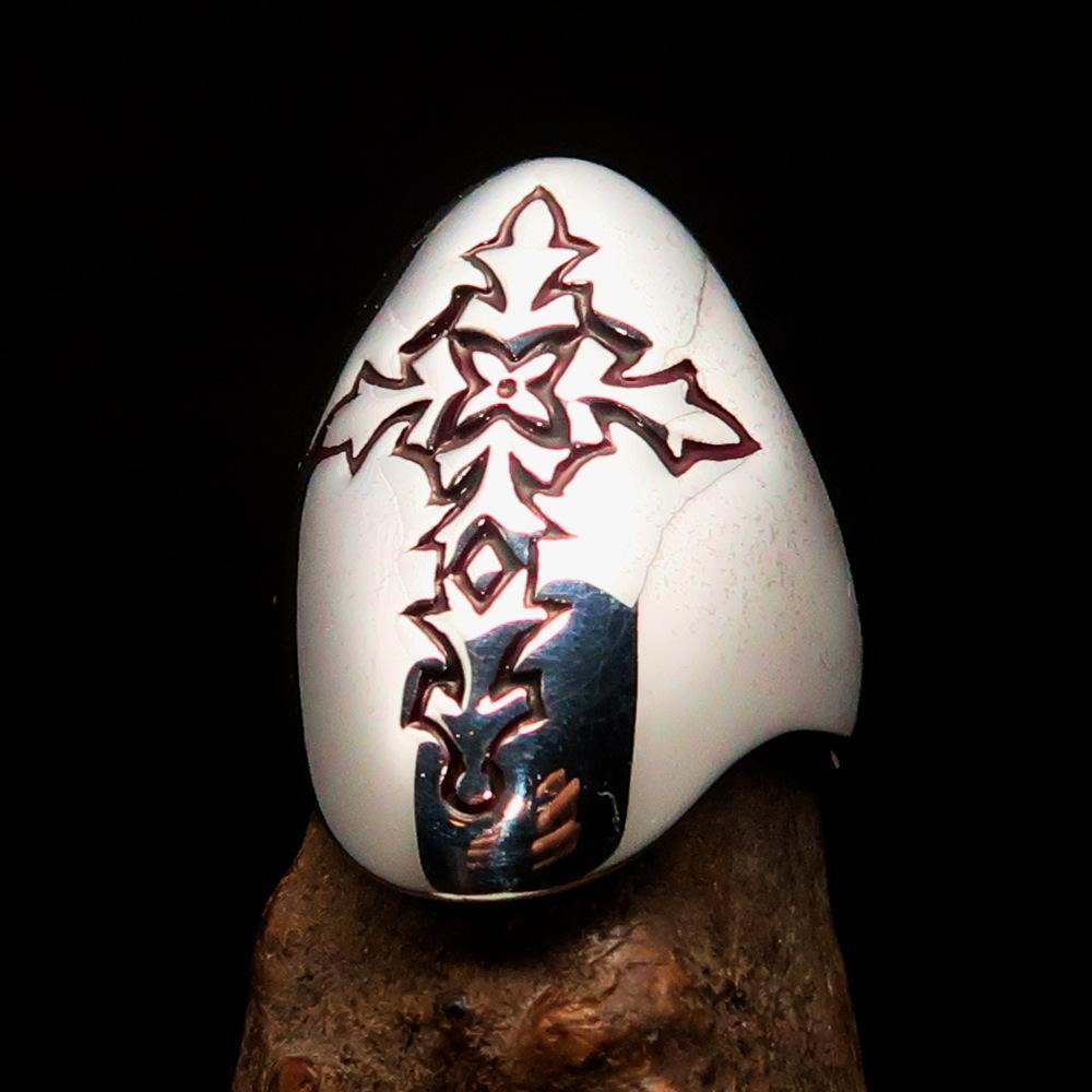 Perfectly crafted Men's Gothic Cross Ring Red - Sterling Silver - BikeRing4u