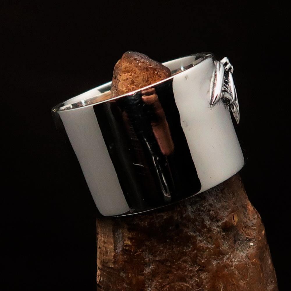 Excellent crafted winged Bat Skull Ring - antiqued Sterling Silver - BikeRing4u