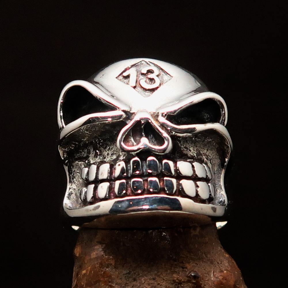 Excellent Crafted Men's Number 13 Gnome Skull Ring - Sterling Silver - BikeRing4u