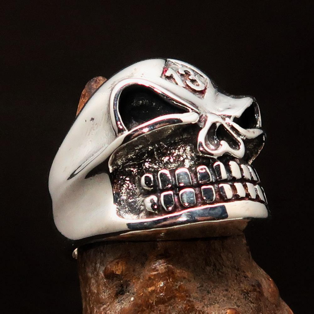Excellent Crafted Men's Number 13 Gnome Skull Ring - Sterling Silver - BikeRing4u