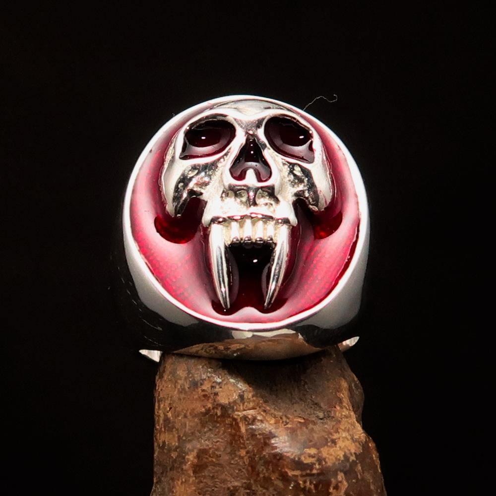 Excellent crafted oval Men's Red Vampire Skull Ring - Sterling Silver - BikeRing4u