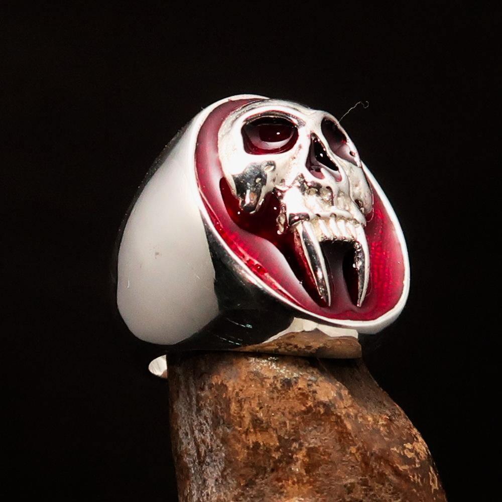 Excellent crafted oval Men's Red Vampire Skull Ring - Sterling Silver - BikeRing4u