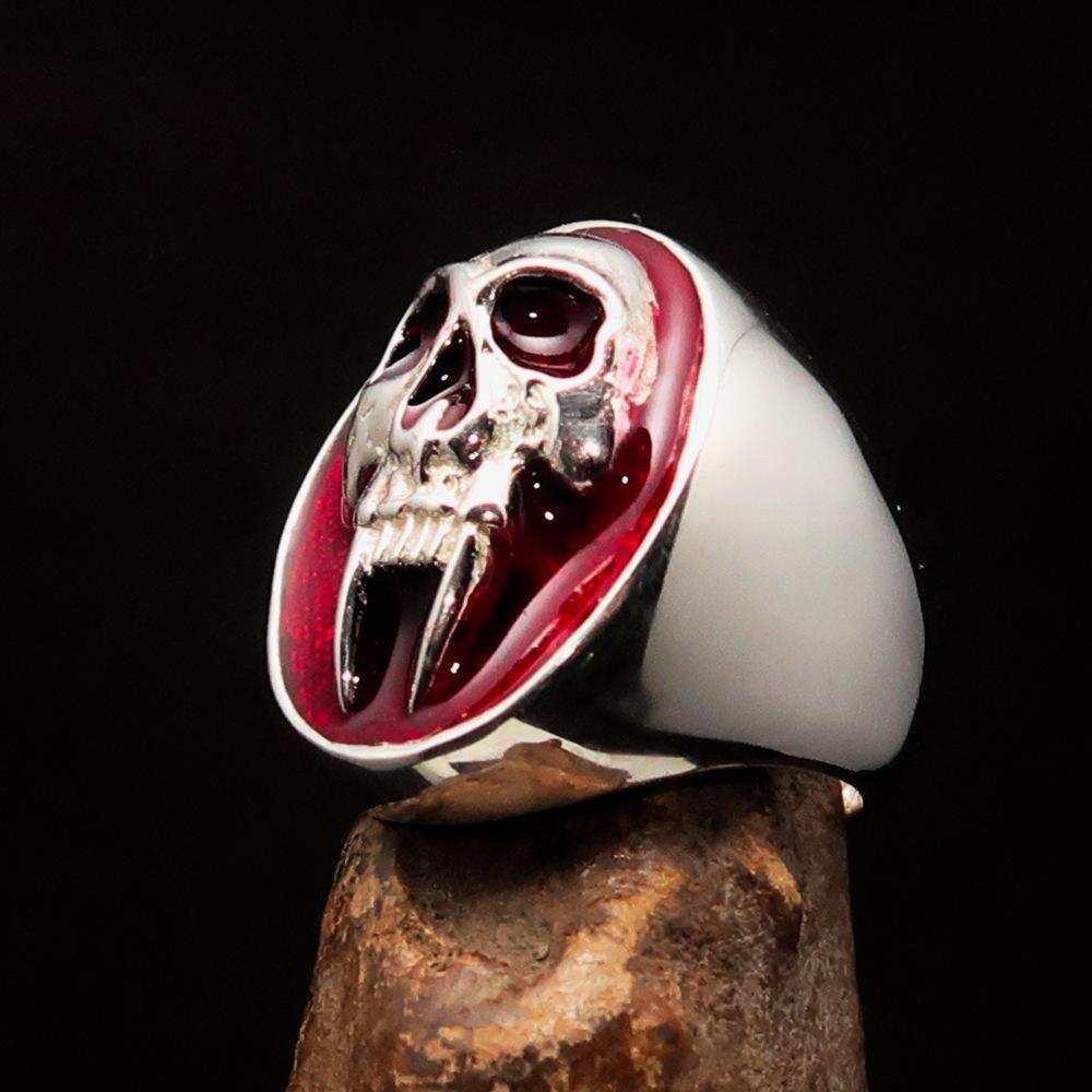 Excellent crafted oval Men's Red Vampire Skull Ring - Sterling Silver - BikeRing4u