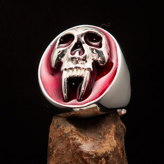 Excellent crafted oval Men's Red Vampire Skull Ring - Sterling Silver - BikeRing4u