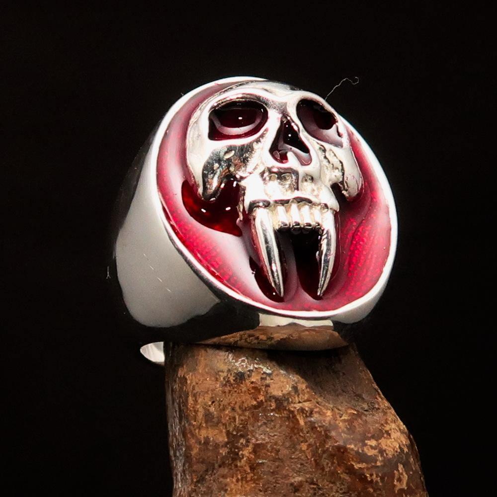 Excellent crafted oval Men's Red Vampire Skull Ring - Sterling Silver - BikeRing4u