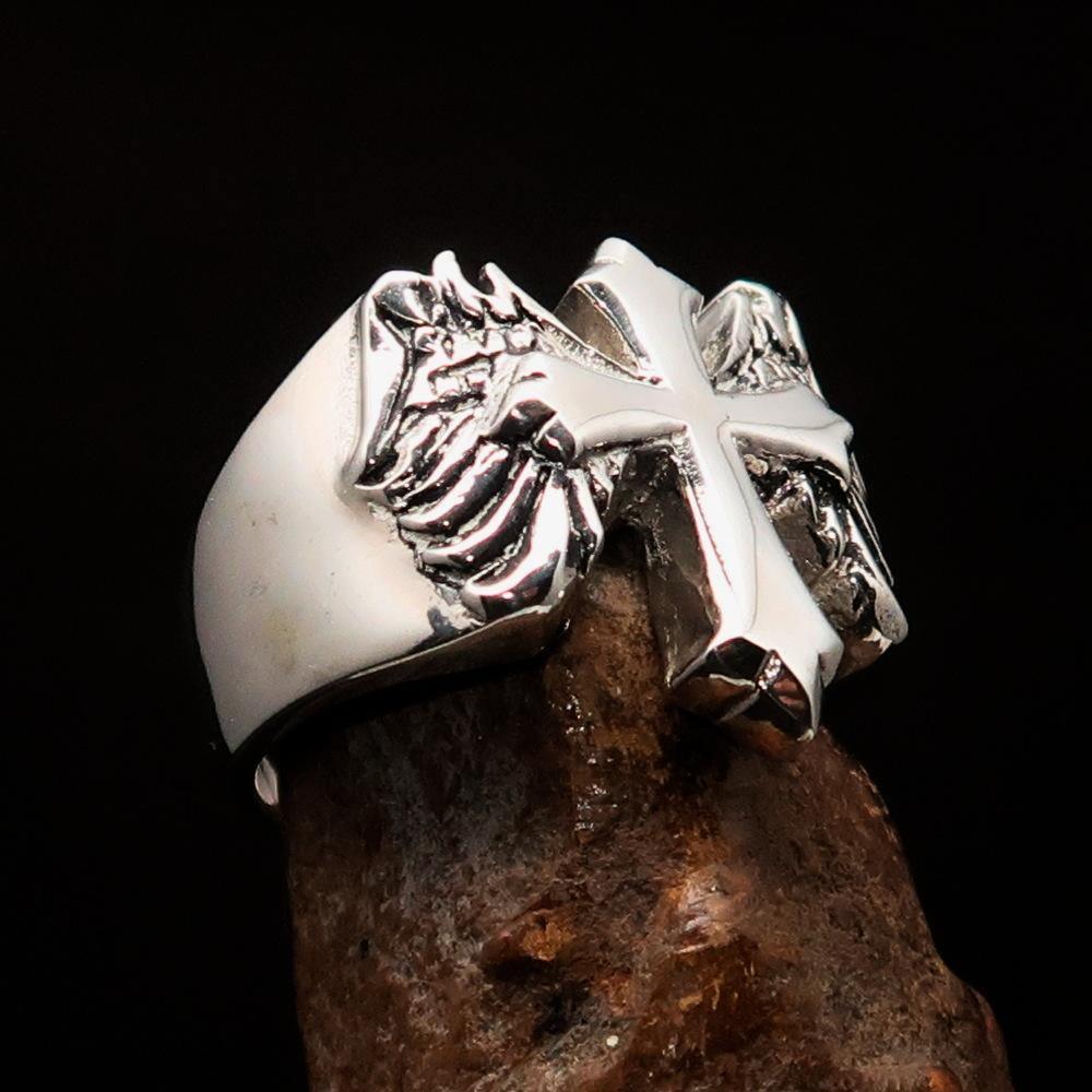 Excellent crafted antiqued Men's flying winged Cross Ring - Sterling Silver - BikeRing4u