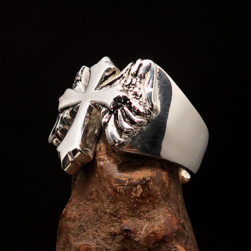 Excellent crafted antiqued Men's flying winged Cross Ring - Sterling Silver - BikeRing4u