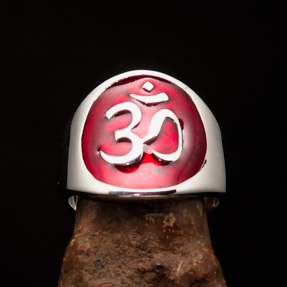 Excellent crafted Men's red Aum Buddhist Ring - Sterling Silver - BikeRing4u