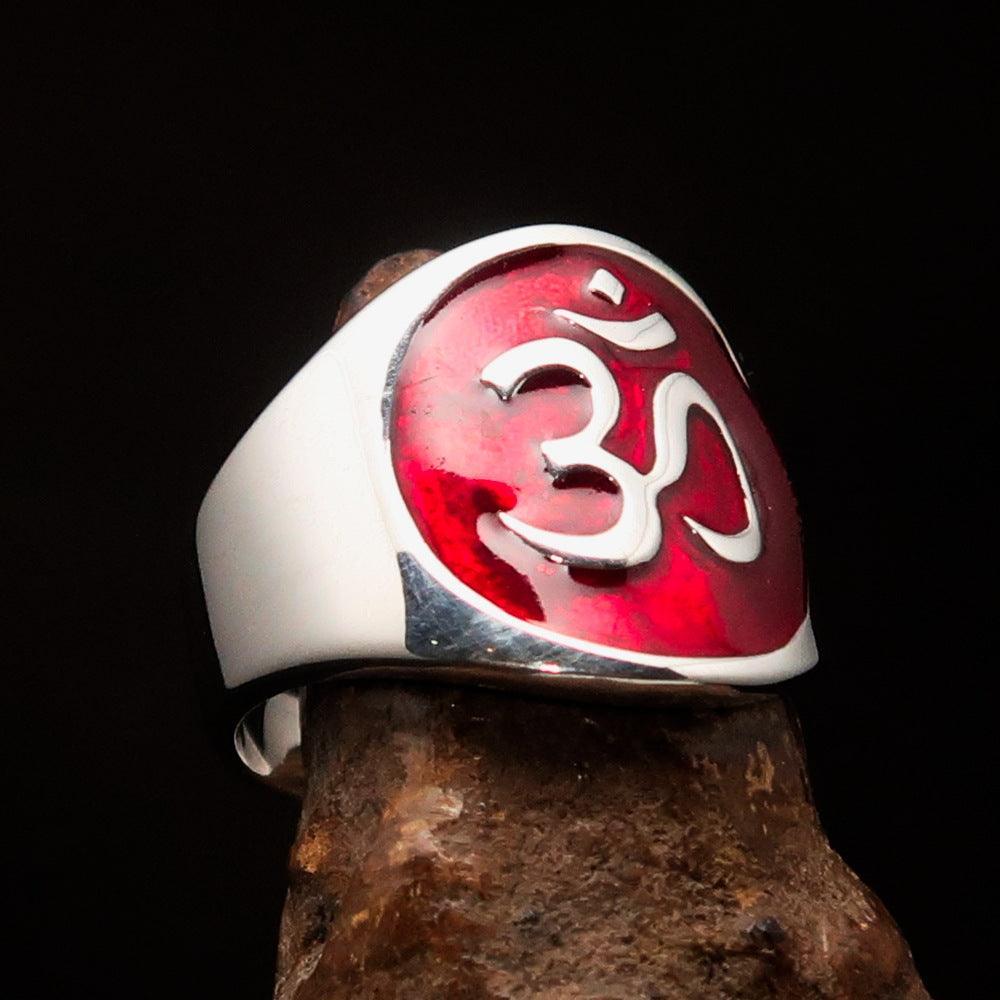 Excellent crafted Men's red Aum Buddhist Ring - Sterling Silver - BikeRing4u